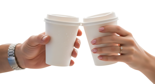 Illustration of couple toasting with coffee cups isolated on transparent background