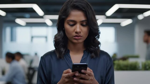 Serious indian businesswoman uses smartphone in busy office showing corporate communication this focused manager is receiving bad news this is a very important business message