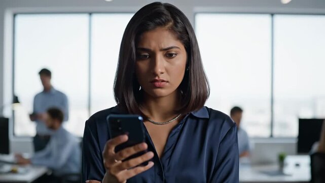 Serious indian businesswoman uses smartphone in busy office showing corporate communication this focused manager is receiving bad news this is a very important business message