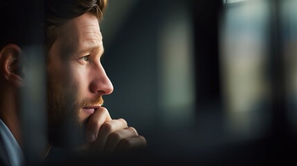 A Moment of Contemplation: A close-up shot portrays a man engrossed in deep thought. The lighting and composition create a sense of introspective solitude.