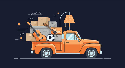Fototapeta premium An orange pickup truck overloaded with household items and musical instruments drives through a dark background.