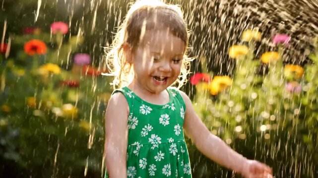 Happy little girl plays with water spray in summer garden showing fun childhood this is a very joyful and refreshing moment this is a great sunny day activity this is a great moment