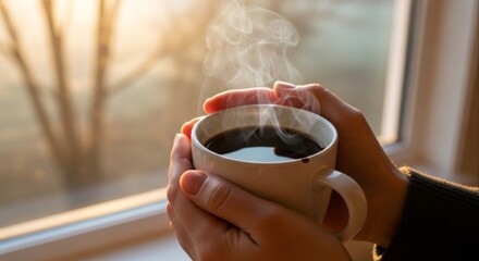 Steaming coffee cup held by hands near a window on a bright morning offers a warm and comforting start to the day with a cozy and relaxing atmosphere for coffee lovers
