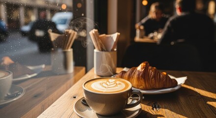 Steaming latte art and a golden croissant sit on a wooden table in a cozy cafe bathed in warm sunlight creating an inviting atmosphere for a relaxing morning coffee break
