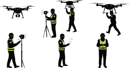 Obraz premium Drone operation and fieldwork silhouette vector set, safety gear icons, printable tech artwork, tripod and tablet interaction illustration