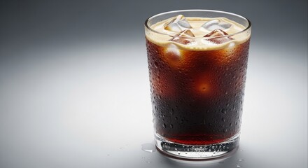 Refreshing iced coffee in a clear glass with condensation and ice cubes on a gray background perfect for a summer beverage advertisement or a cafe menu illustration