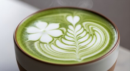 Steaming matcha latte art showcases a beautiful flower and leaf design in a ceramic cup perfect for a cozy morning or a relaxing afternoon tea break with a healthy beverage