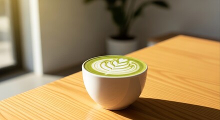 Vibrant matcha latte art in a white ceramic cup sits on a light wooden table with a blurred plant in the background creating a calming and aesthetic coffee shop vibe
