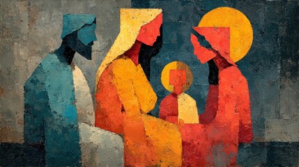Abstract depiction of a family, capturing connection and relationships in vibrant colors and geometric forms