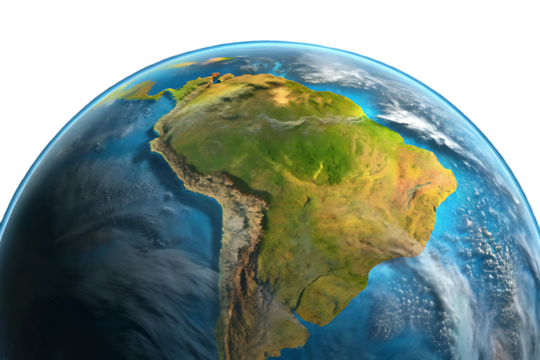 Close up view of planet earth showing south america with vibrant green rainforests and blue oceans against a black background