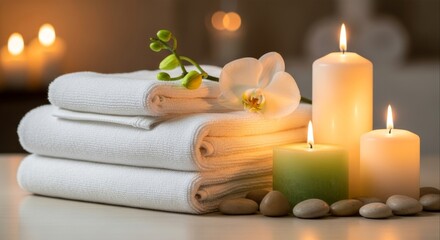 Serene spa scene featuring stacked white towels a delicate orchid glowing candles and smooth stones creates a calming atmosphere perfect for wellness and relaxation concepts