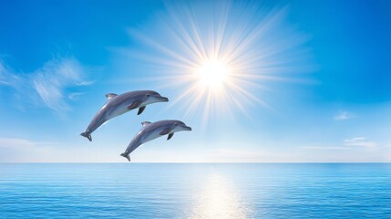 Dolphins jumping above ocean waves under bright blue sky, marine wildlife concept symbolizing freedom, harmony, and the beauty of ocean life