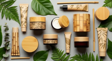 Natural skincare products in ecofriendly packaging are displayed with green leaves creating a visually appealing and sustainable beauty concept for conscious consumers and brands