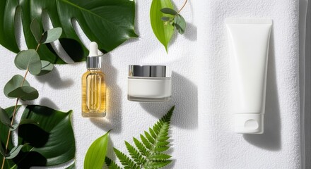 Natural skincare product display featuring serum cream and lotion with botanical elements on a soft white towel background for beauty and wellness product promotion and advertising