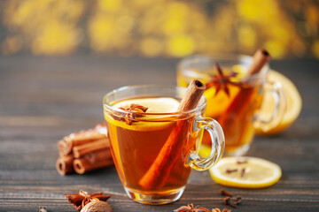 Spiced drink cocktail for New Year, Christmas, winter or autumn holidays. Hot Toddy.