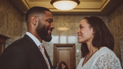 A smiling African American man and a Hispanic woman gaze at each other in a formal setting. They appear happy and engaged in conversation.