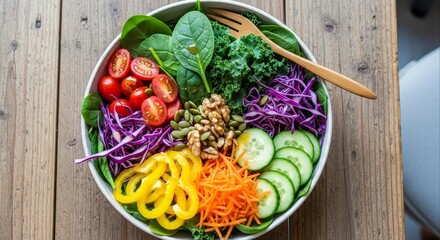 Colorful vegetable salad with fresh spinach kale tomatoes cucumbers peppers cabbage carrots walnuts and pumpkin seeds served in a bowl on a rustic wooden table top