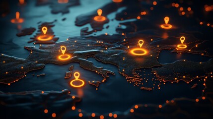 Europe map with glowing location pins and connecting lines showing network connections across nations on transparent background