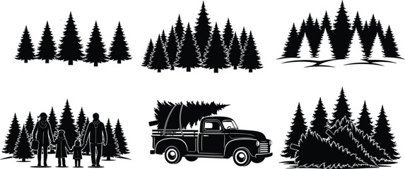 Christmas tree silhouette, pine forest scene, family outing, tree cutting, pickup truck, holiday nature vector,