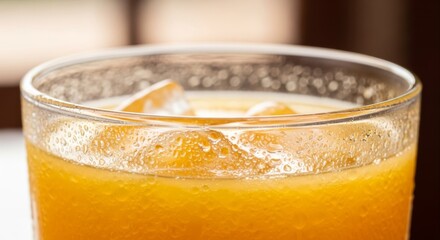 Refreshing orange juice with ice cubes in a glass showcasing condensation droplets and vibrant color perfect for summer refreshment and healthy lifestyle promotions and drink photography