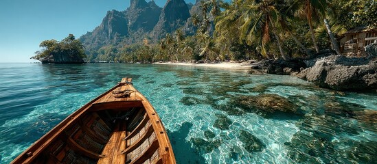 View from a traditional wooden boat floating on crystal clear turquoise water towards a scenic tropical island paradise with lush mountains