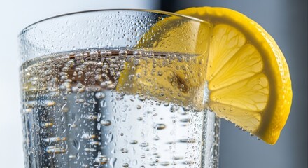 Refreshing sparkling water with a vibrant lemon slice showcasing condensation droplets on the glass perfect for summer hydration and healthy lifestyle promotions