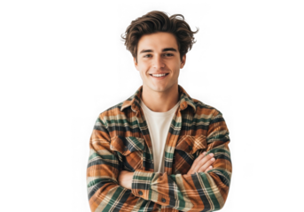 Young man with arms crossed wearing a plaid shirt and smiling isolated on transparent background