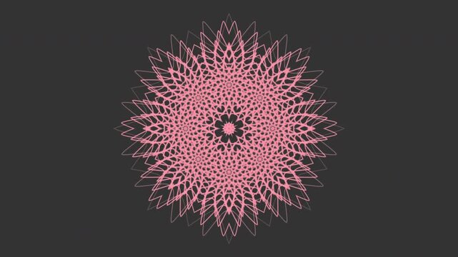 A mesmerizing dark gray background featuring an intricate kaleidoscope mandala made of fine glowing pink lines. The complex geometric pattern rotates and expands smoothly.