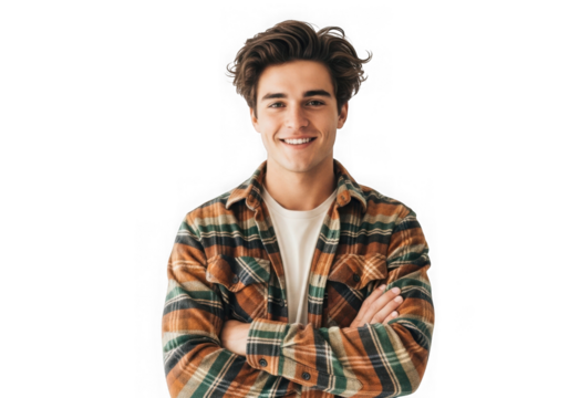 Young man with arms crossed wearing a plaid shirt and smiling isolated on transparent background - Powered by Adobe