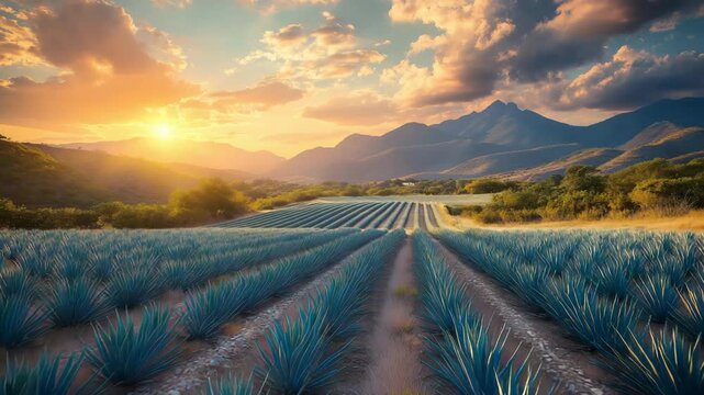 Golden Sunset Over Agave Fields with Mountain Landscape