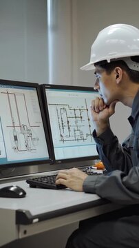 Engineer in hard hat monitoring industrial control systems on computer screens, vertical footage