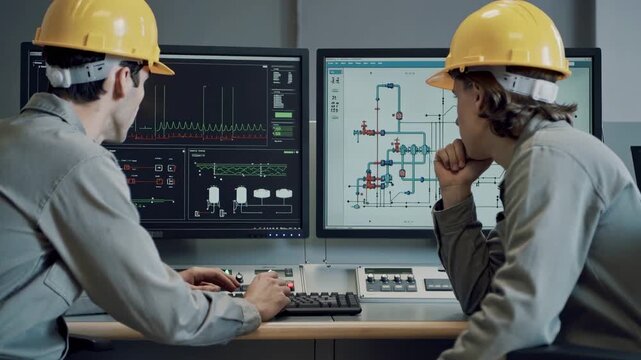 Two engineers in hard hats sit at a control desk, watching complex industrial schematics on dual monitors &mdash; one thoughtful, one focused