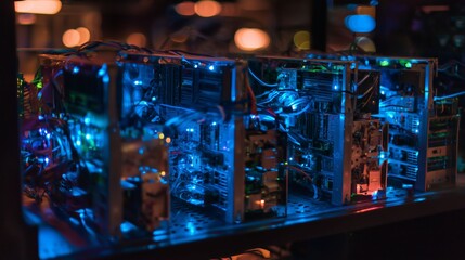 Cybernetics' Core: A fascinating display of advanced electronics components glows with intricate blue and orange light, showcasing the complexity and sophistication of technological innovation.
