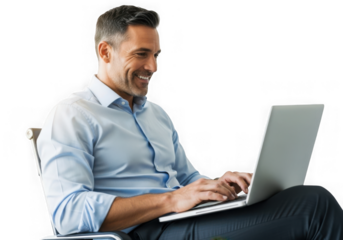 Smiling businessman working on laptop computer enjoying online success and digital collaboration isolated on transparent background