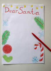 Hand drawn Dear Santa letter template with Christmas elements and red pencil on white background. Children wish list. Perfect for festive designs, kids activities, cards, and holiday themed content.