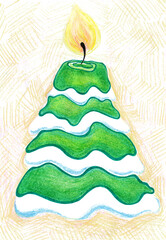 Creative Christmas tree shaped like burning candle. Hand drawn with colored pencils in green, yellow, white. There is snow on fir tree. Cozy holiday illustration for greeting cards, posters, or decor.