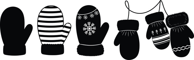 Black and white winter mitten illustrations, cozy glove designs, seasonal fashion, snowflake patterns,