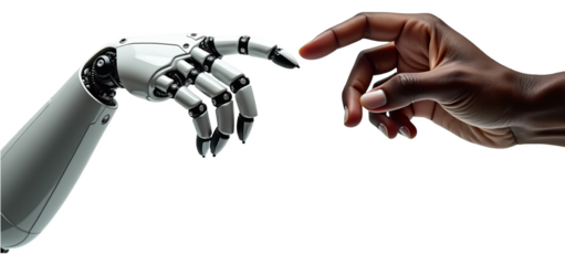 Artificial intelligence and humanity connection. A futuristic robot hand and a human finger touch on a transparent background