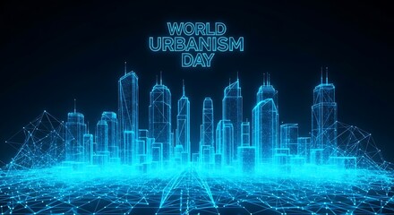 Digital city skyline with blue lines for world urbanism day celebration