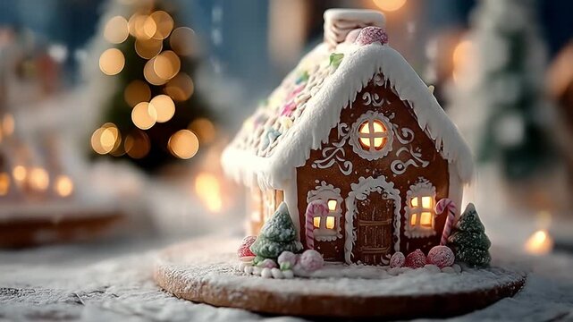 Festive gingerbread house illuminated on snow covered surface
