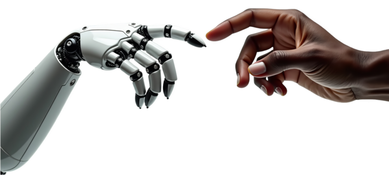 Artificial intelligence and humanity connection. A futuristic robot hand and a human finger touch on a transparent background - Powered by Adobe