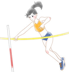 棒高跳びをする女子の水彩風イラスト