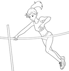 棒高跳びをする女子の白黒イラスト