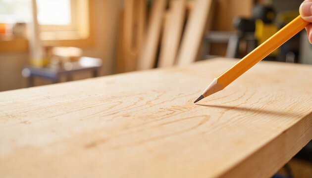 Carpenter marking wood surface with pencil in workshop  