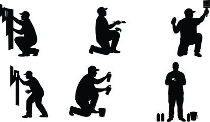 Painting and maintenance worker silhouette vector set, wall repair icons, spray and brush poses, printable labor design, tool illustration