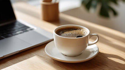 Cup of Coffee on Table with Laptop