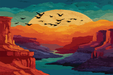 Vivid Sunset Landscape With Flying Birds