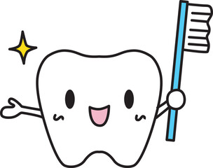 Cute illustration of a tooth with a toothbrush. Vector Illustration.