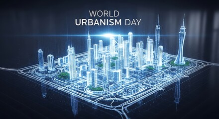 Futuristic city model for world urbanism day with glowing blue accents