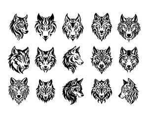 Collection of twenty wolf head illustrations in black and white, showcasing various styles and angles isolated on transparent background